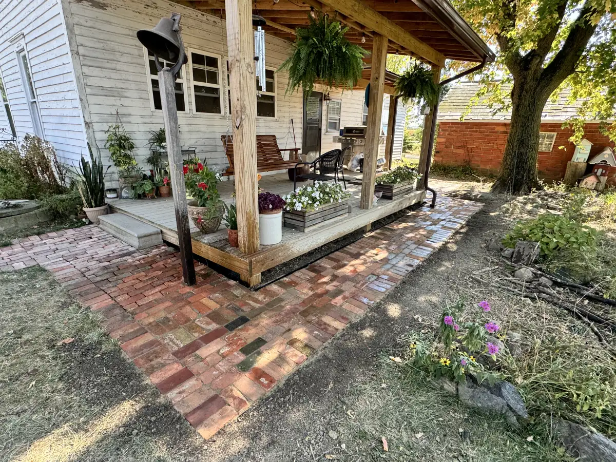 Paver patio with herringbone pattern installed by Raileys Services in Union County, Ohio