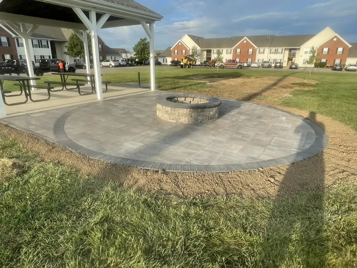 Completed hardscape project with patio, retaining wall, and steps in Union County, Ohio